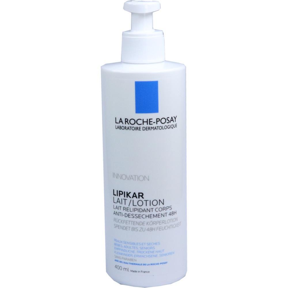 Weiße Lotionflasche mit blauem Logo und schwarzem Text.